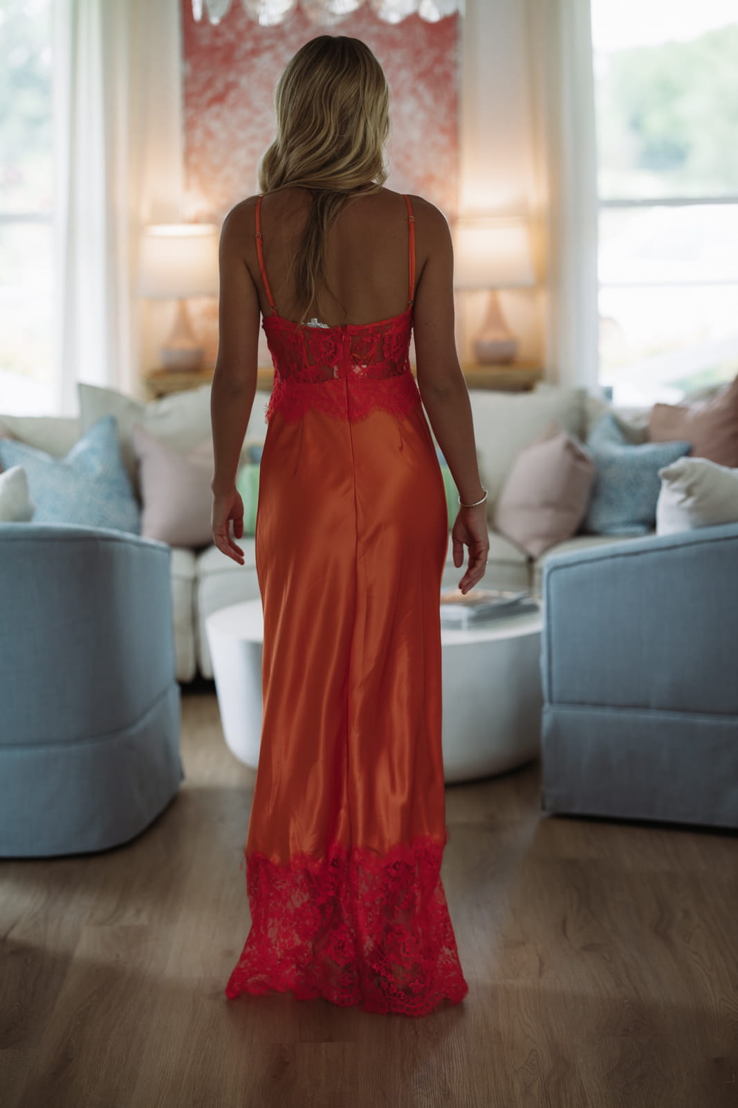 Hazel & Olive ED1957/OR A Satin Sunset Maxi Dress - Orange and Coral