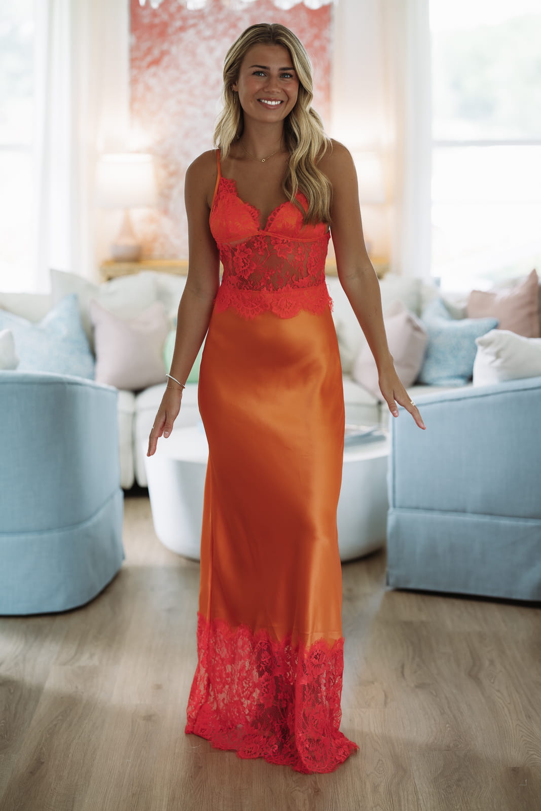 Hazel & Olive ED1957/OR A Satin Sunset Maxi Dress - Orange and Coral
