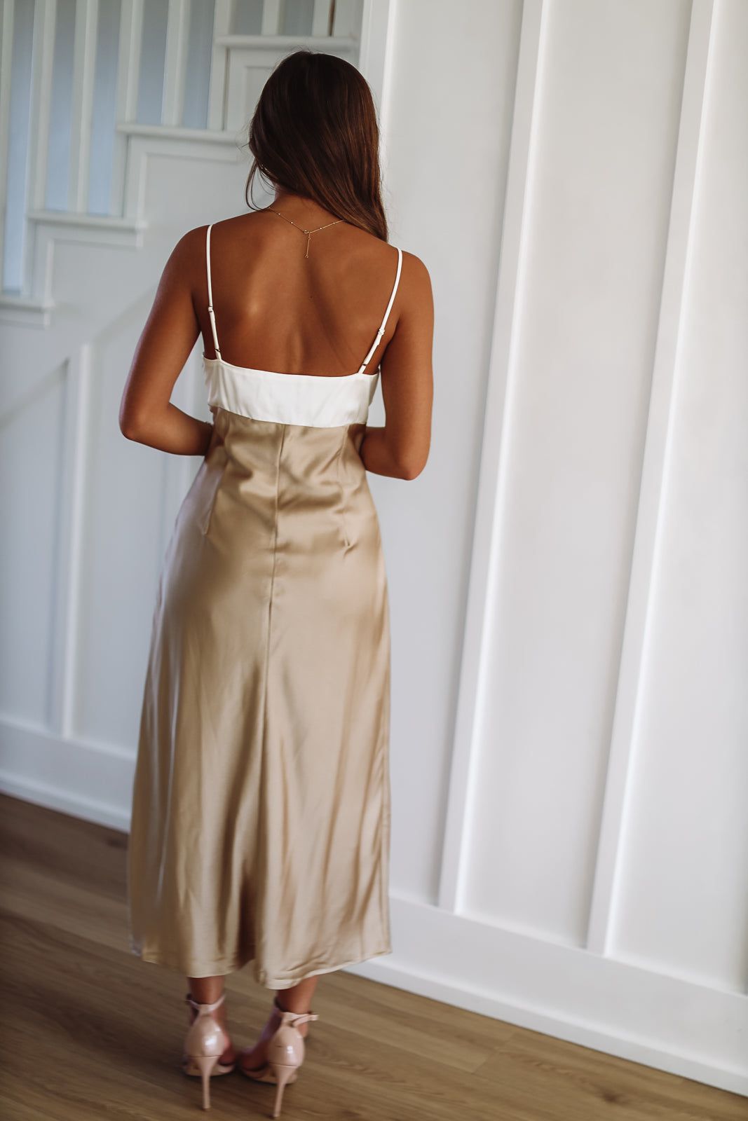 Fashionably On Time Satin Midi Dress - Ivory and Taupe-HAZEL & OLIVE-Small-
