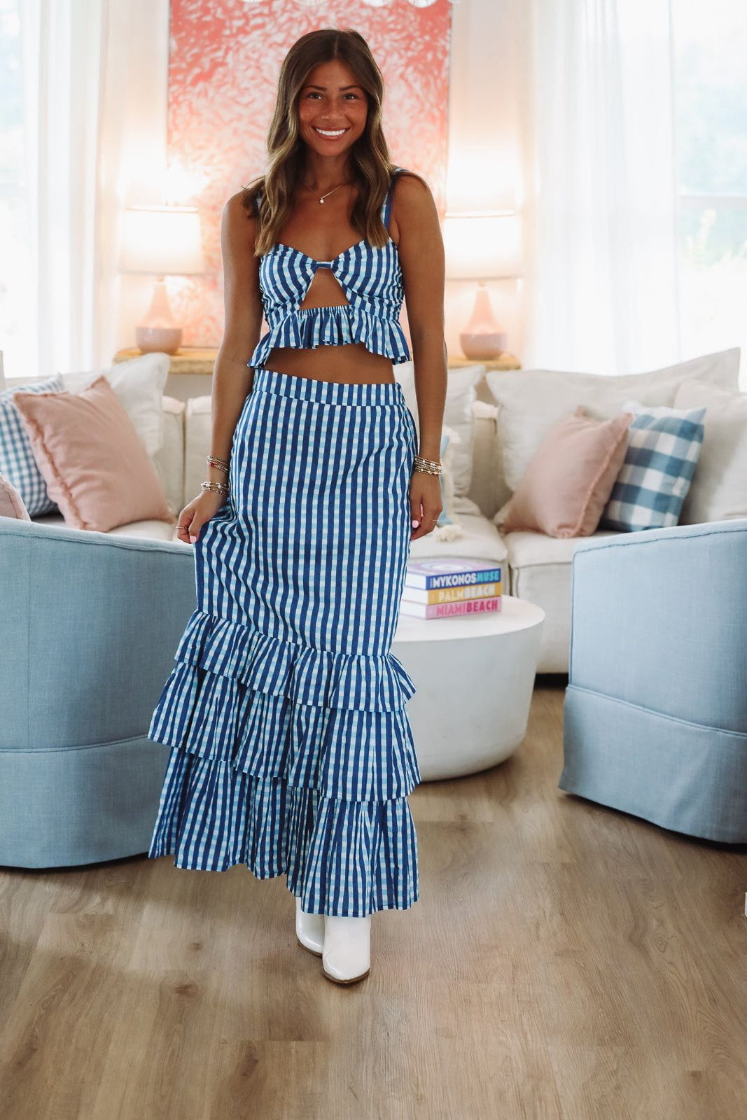 Hazel & Olive Final Play Top and Maxi Skirt Set - Blue and White