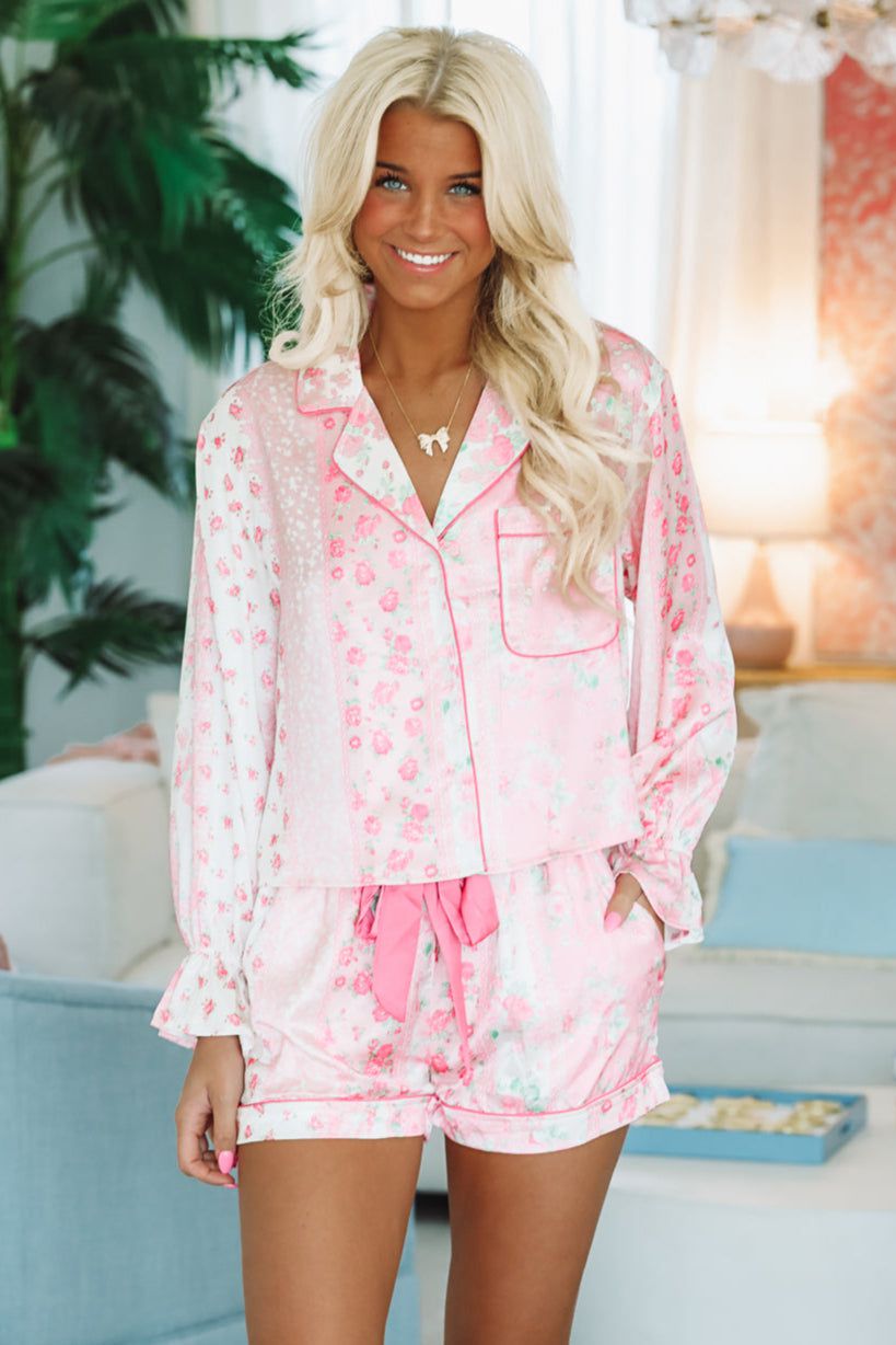 French Roses Short and Top Pajama Set - Pink-HAZEL & OLIVE ITP39455/06-Small-