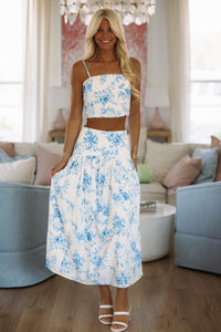 Hazel & Olive G7287UBP Stadium Florals Maxi Skirt - Blue and White