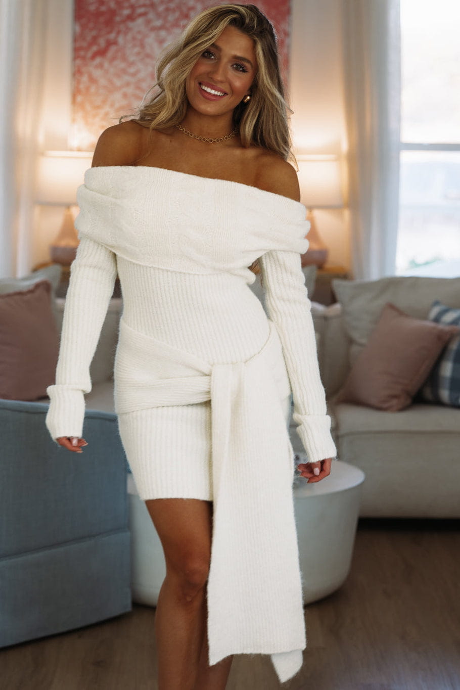 Hazel & Olive HN3566D All Or Nothing Sweater Mini Dress - Ivory