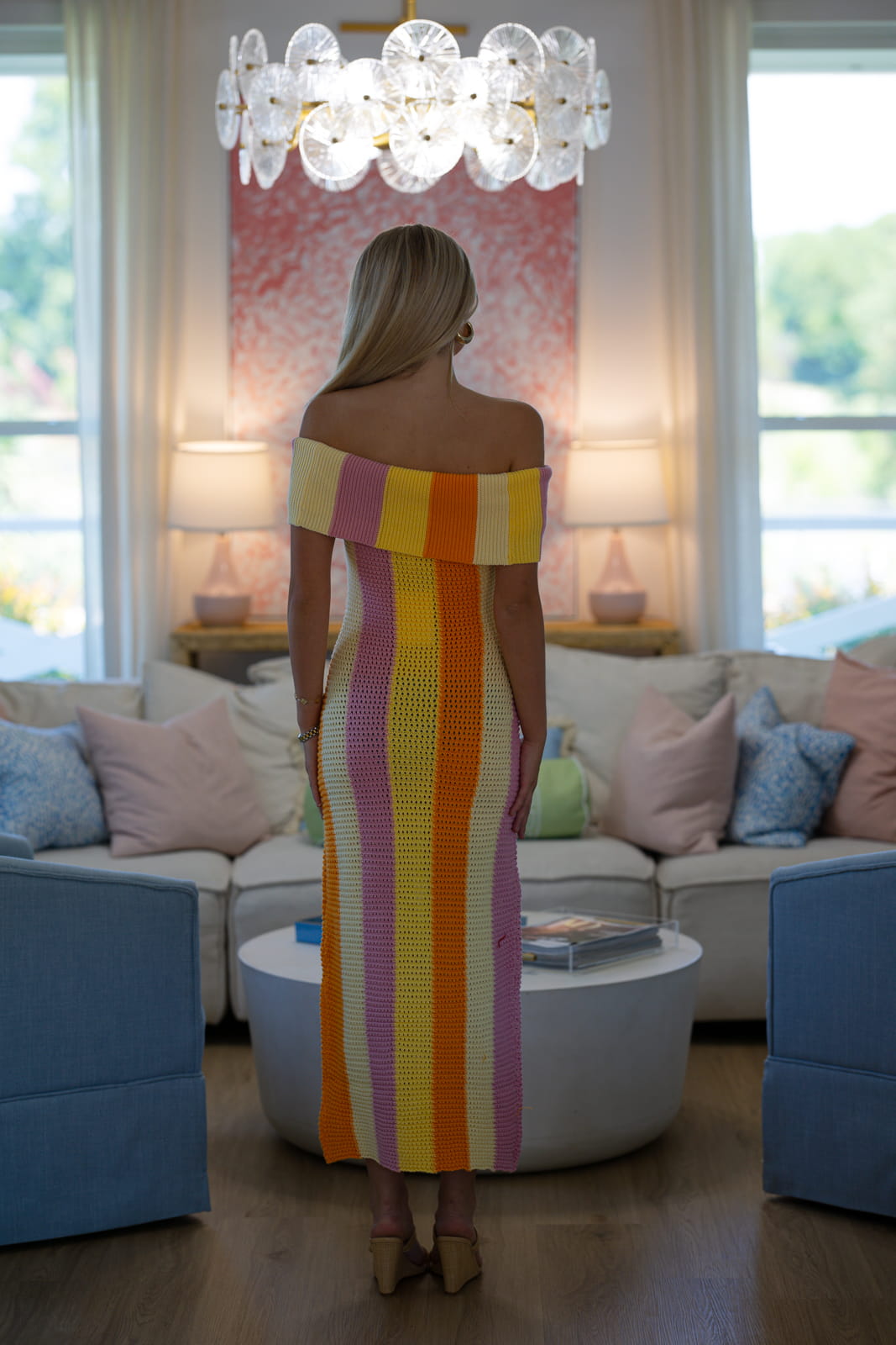 Hazel & Olive HN3835D Citrus Sunrise Midi Dress - Yellow, Orange and Lavender
