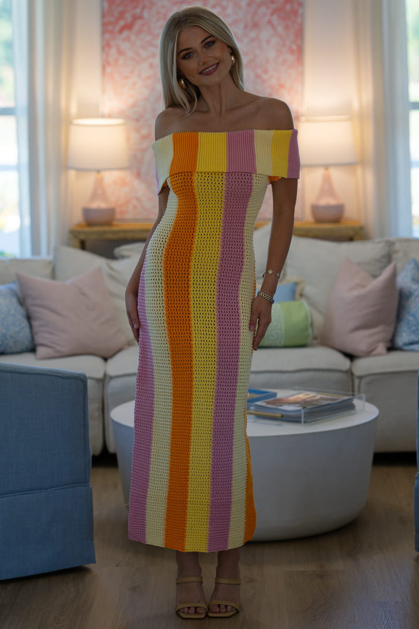 Hazel & Olive HN3835D Citrus Sunrise Midi Dress - Yellow, Orange and Lavender