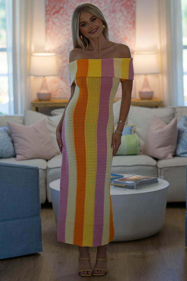 Hazel & Olive HN3835D Citrus Sunrise Midi Dress - Yellow, Orange and Lavender