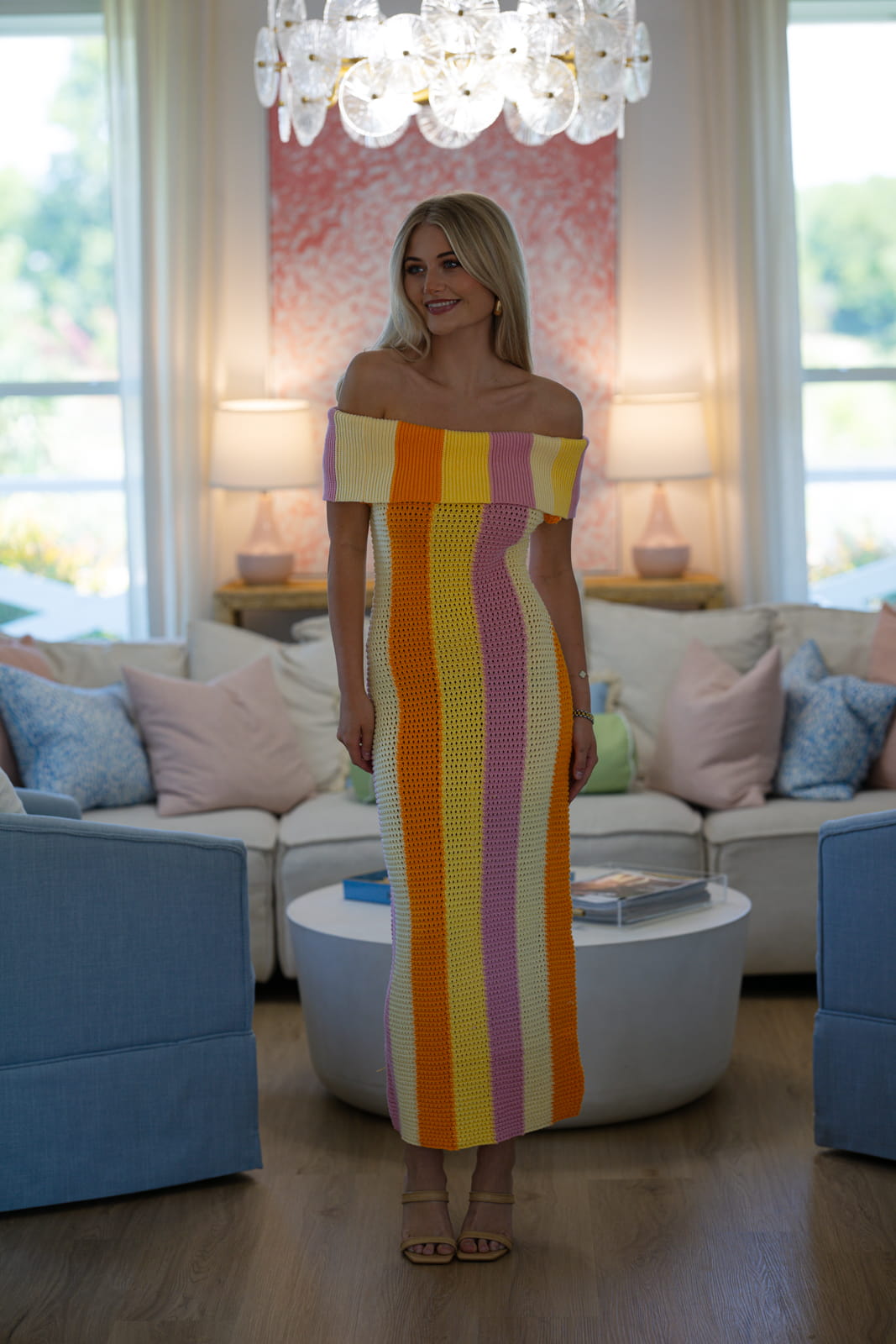 Hazel & Olive HN3835D Citrus Sunrise Midi Dress - Yellow, Orange and Lavender