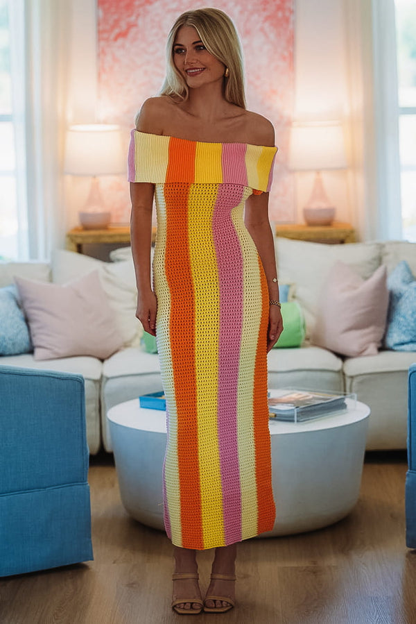 Hazel & Olive HN3835D Citrus Sunrise Midi Dress - Yellow, Orange and Lavender