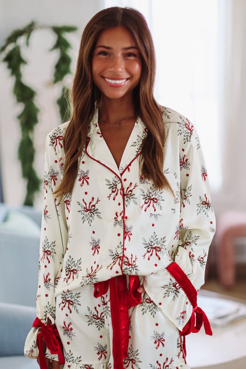 Holly Branches Pajama Top - Cream-HAZEL & OLIVE-Small-