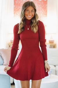 HAZEL & OLIVE ID5527 Cozy In Knit Sweater Mini Dress - Burgundy