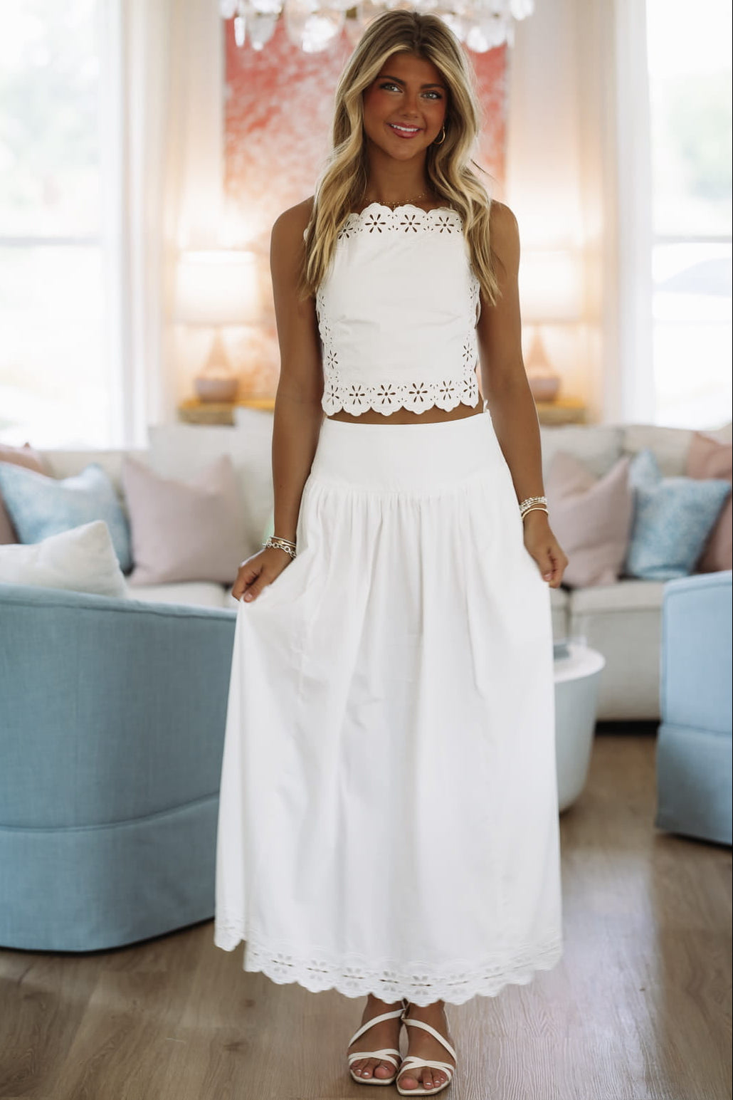 Hazel & Olive IST5995 Beachside Blossom Top and Maxi Skirt - White