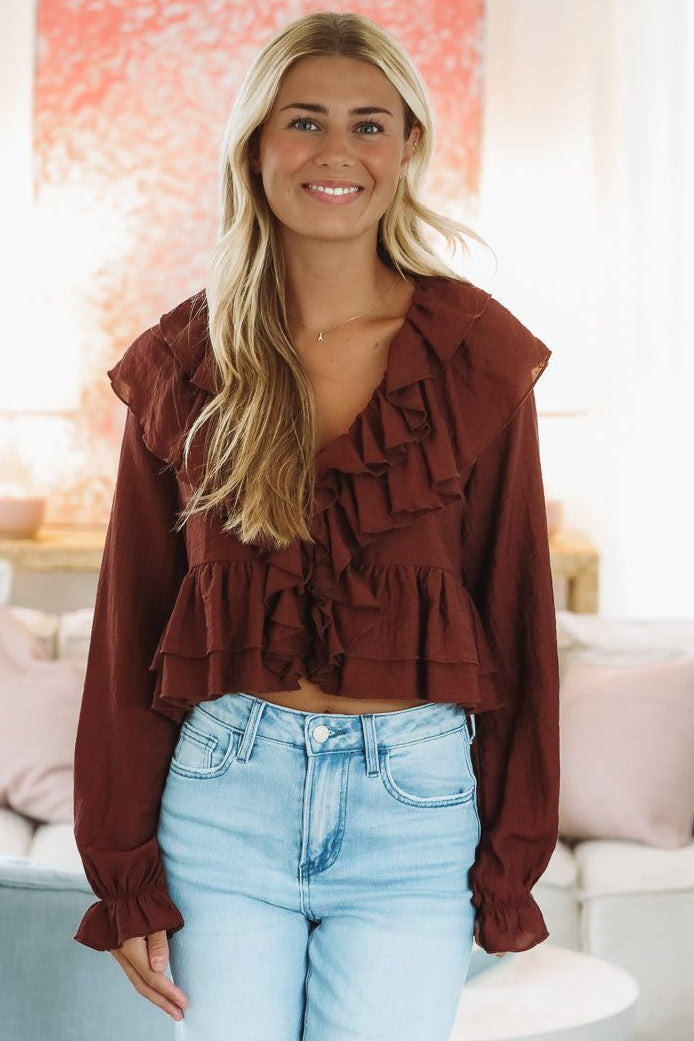 Hazel & Olive IT5948 Romance and Ruffles Top - Brown