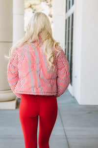 Hazel & Olive JK10017/RED Hearts Beat Loud Gingham Puffer Jacket - Red and white