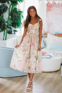 Keep the Flowers Midi Dress - Blush, Cream and Green-HAZEL & OLIVE LD1780-Small-
