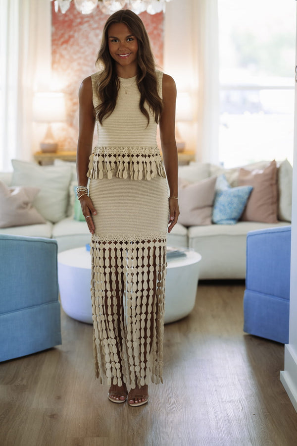 Hazel & Olive KI058 Enchante Fringe Maxi Skirt - Beige