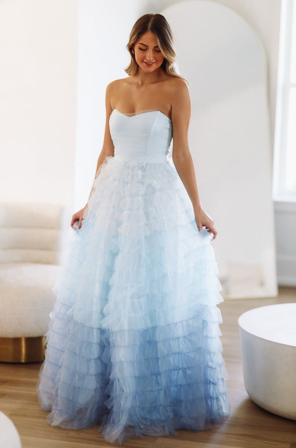 Kiss Me Tiered Maxi Gown - Light Blue-HAZEL & OLIVE-XS-
