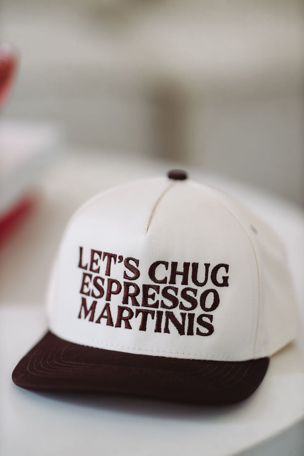 Let's Chug Espresso Martinis Two Toned Snapback Hat - Beige and Brown-HAZEL & OLIVE-