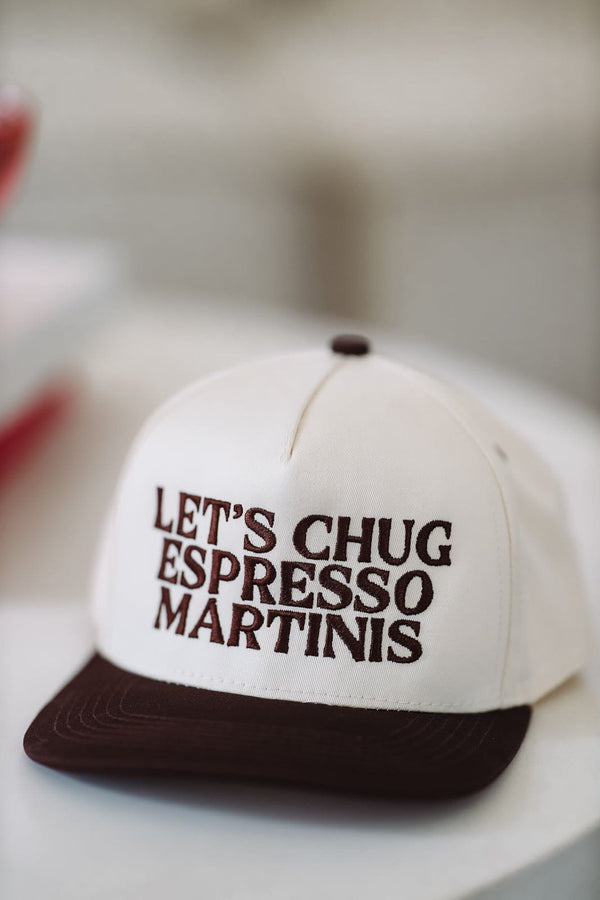 Let's Chug Espresso Martinis Two Toned Snapback Hat - Beige and Brown-HAZEL & OLIVE-