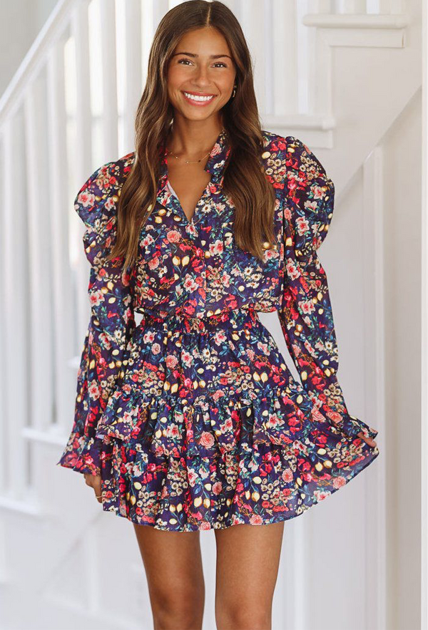 Louise Ruffle Mini Dress - Navy Blue-HAZEL & OLIVE-XSmall-