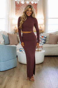 Hazel & Olive MS8182 Duality Top and Maxi Skirt Set - Burgundy
