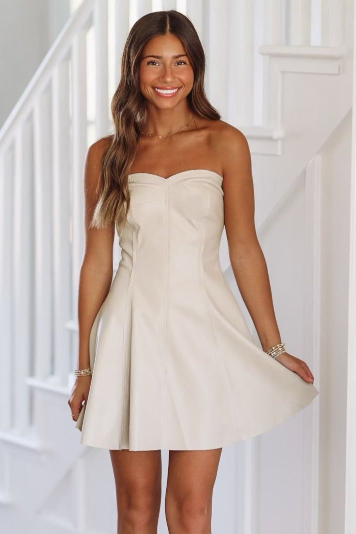 On My Mind Vegan Leather Mini Dress - Ecru-HAZEL & OLIVE-Small-