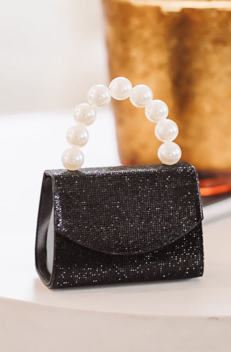 Pearl Handle Rhinestone Bag - Black-HAZEL & OLIVE-