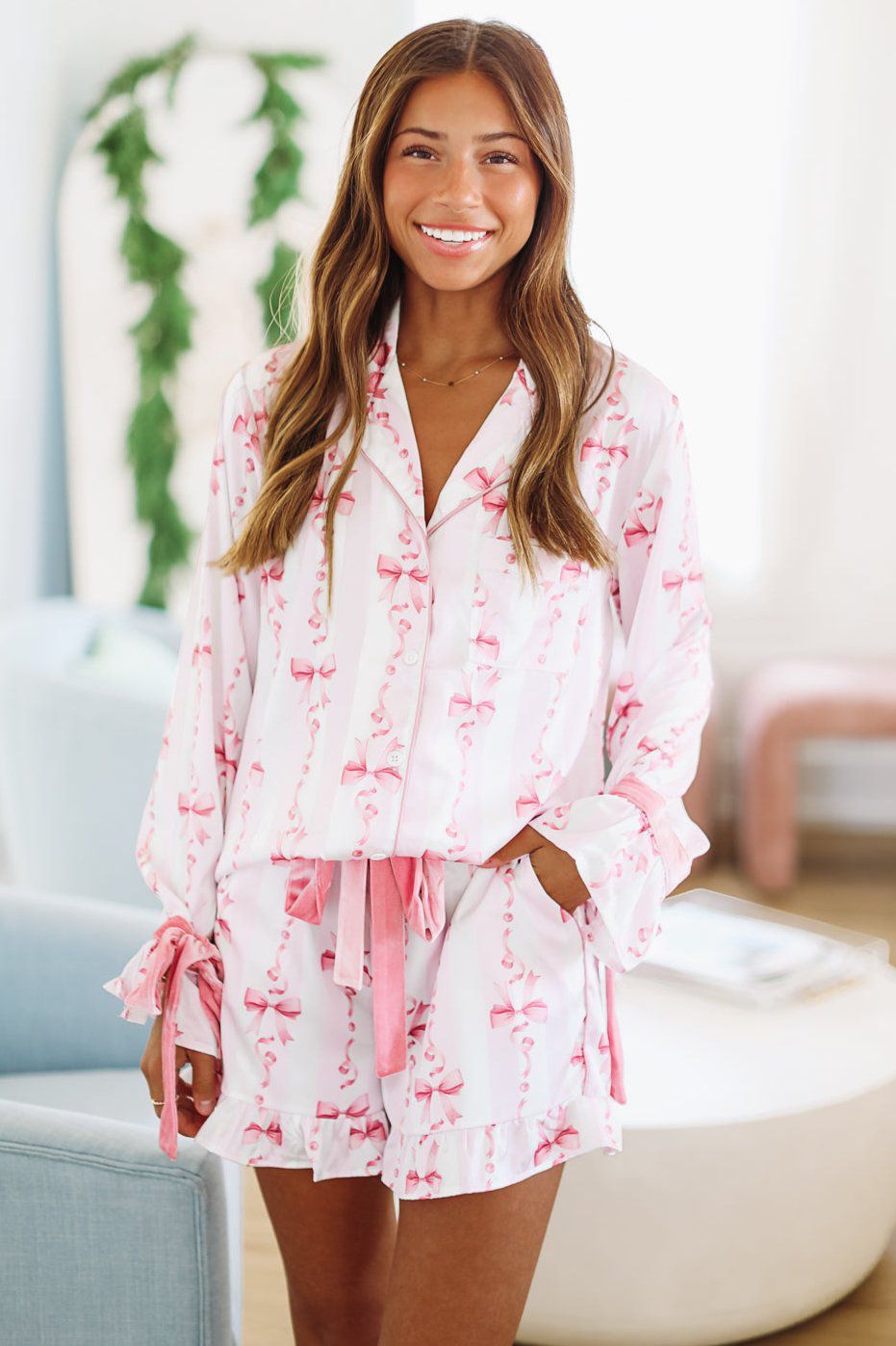 Ribbons and Bows Pajama Shorts - Pink-HAZEL & OLIVE-Small-