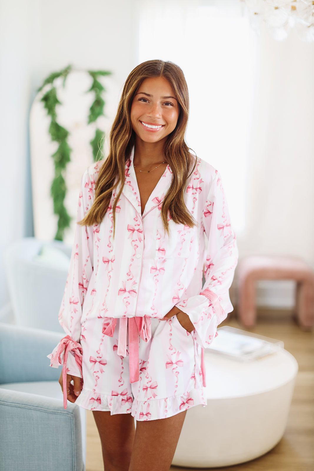 Ribbons and Bows Pajama Top - Pink-HAZEL & OLIVE-Small-