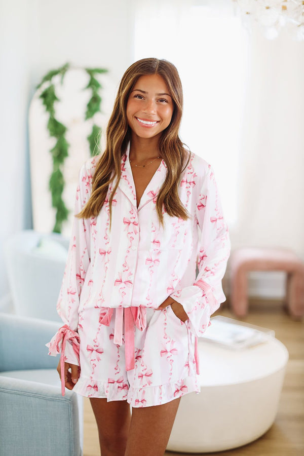 Ribbons and Bows Pajama Top - Pink-HAZEL & OLIVE-Small-