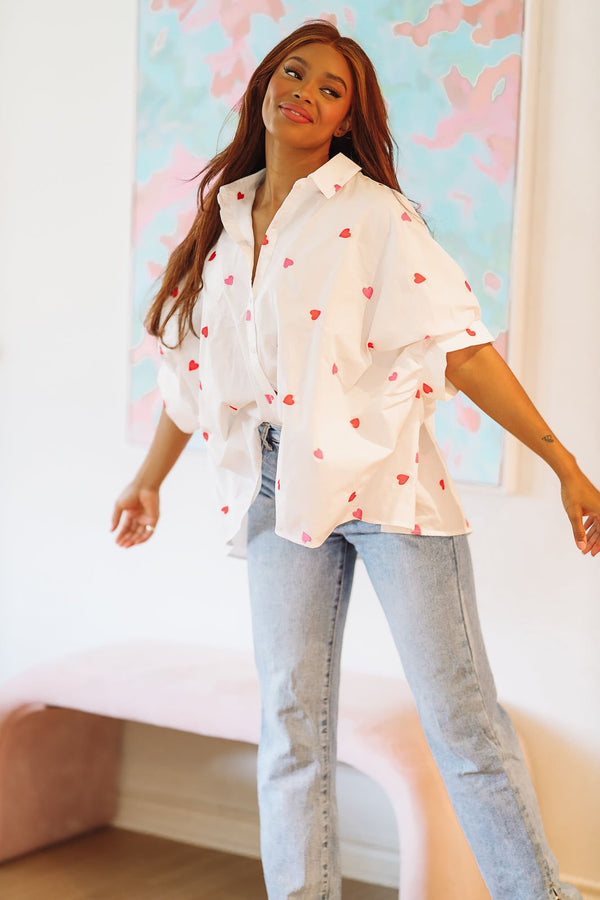 Seeing Hearts Button Down Shirt - White Pink and Red-HAZEL & OLIVE-Small-