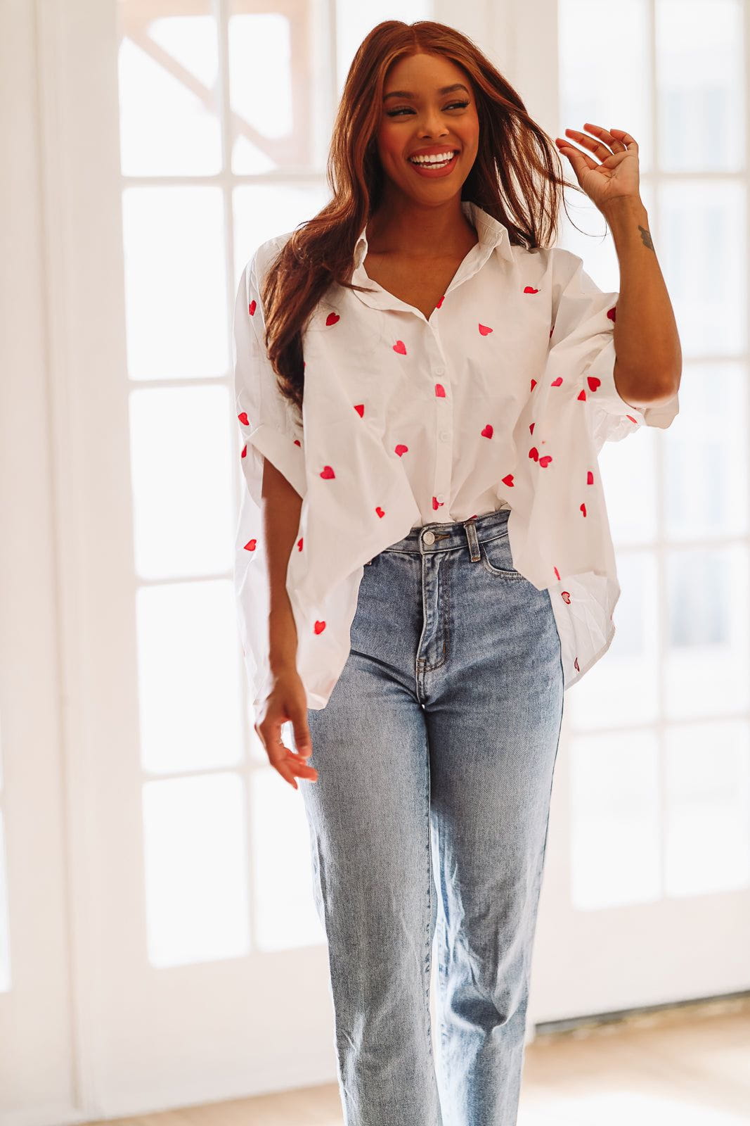 Seeing Hearts Button Down Shirt - White Pink and Red-HAZEL & OLIVE-Small-