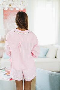 Seersucker and Floral Short and Top Pajama Set - Pink and White-HAZEL & OLIVE-Small-