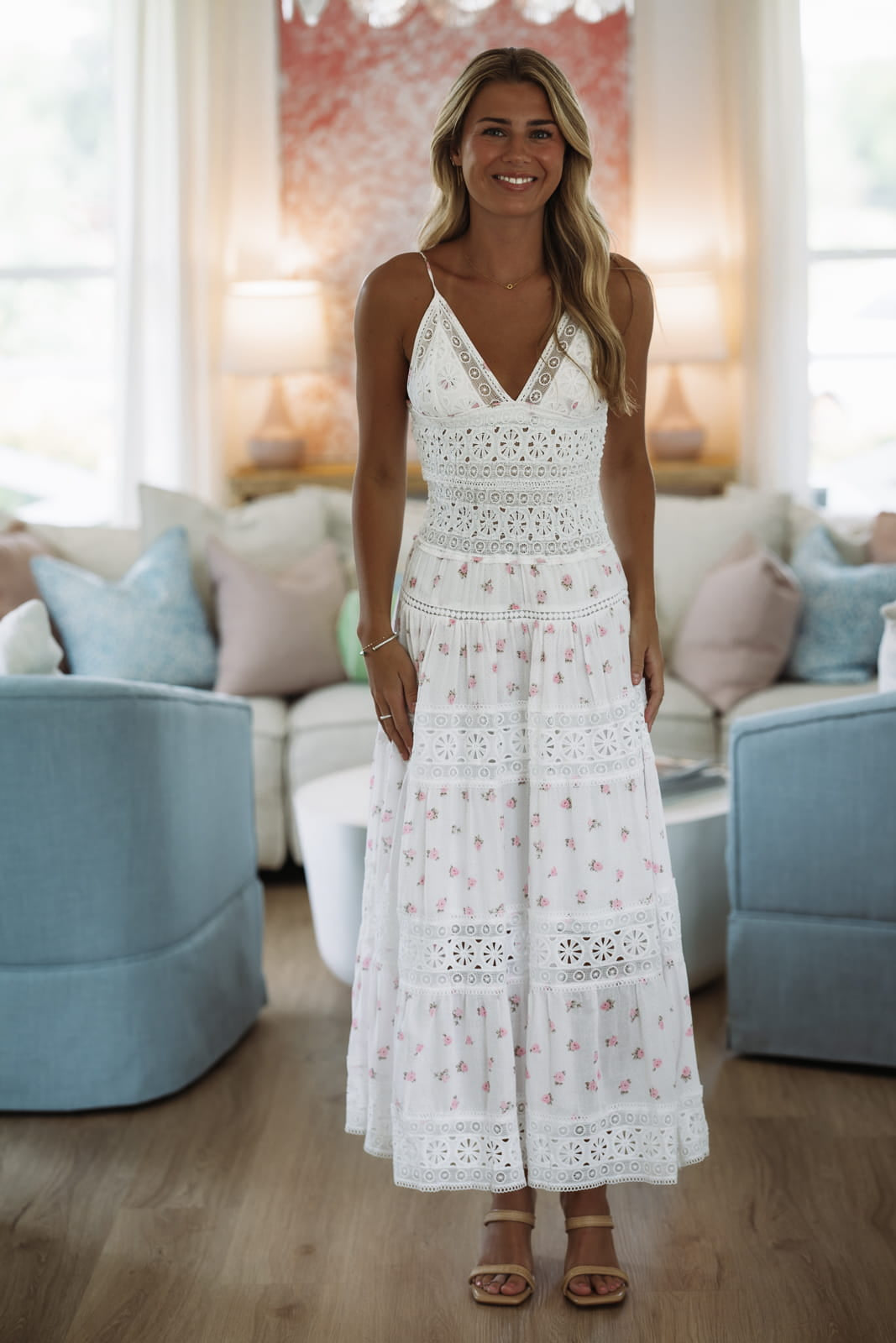 Hazel & Olive SM/D21099E Romance Edit Floral Midi Dress - Pink and White