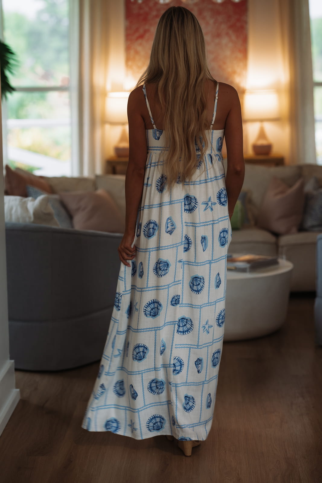 Hazel & Olive SM/D21101D 11:11 Seashells Maxi Dress - White and Blue