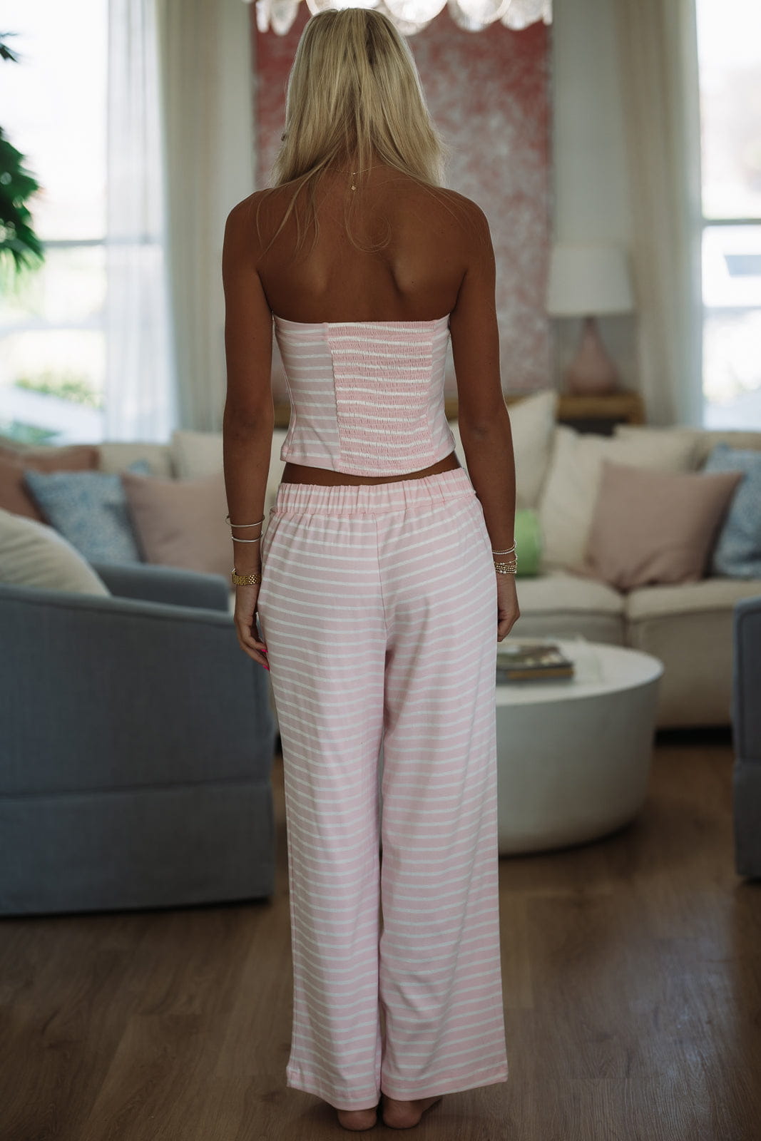 Hazel & Olive SM/SET90063A Relax & Unwind Top and Pants Set - Pink and White