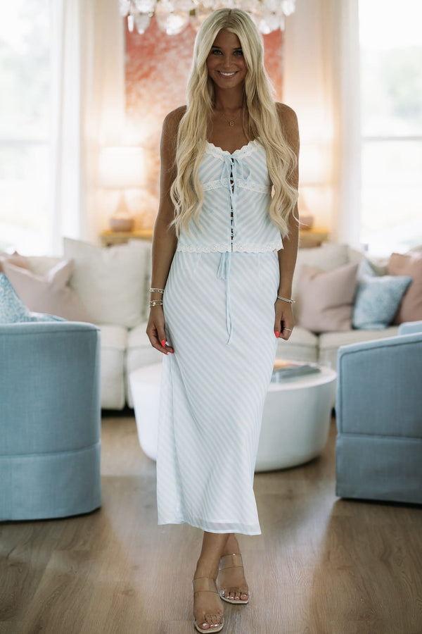 Hazel & Olive SM/SET90080A Unwritten Chapter Top and Maxi Skirt Set - Light Blue and Off White