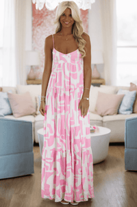 HAZEL & OLIVE SMHO/D20427W Caviar Dreams Print Maxi Dress - Pink and White