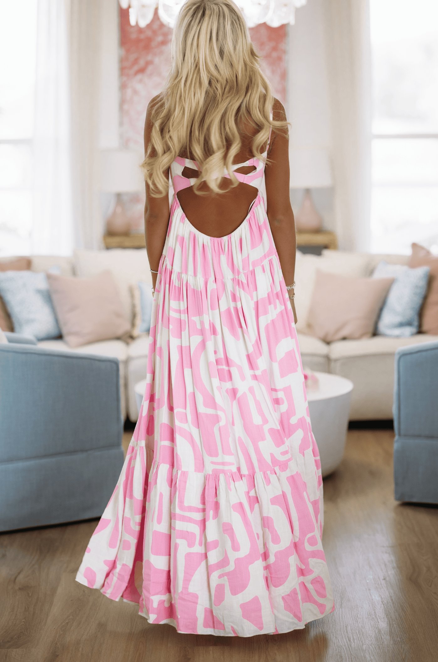 HAZEL & OLIVE SMHO/D20427W Caviar Dreams Print Maxi Dress - Pink and White