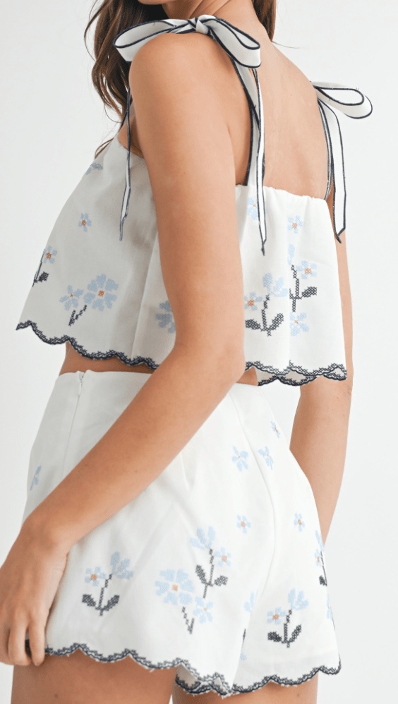 Spring Fling Top and Short Set - White and Blue-HAZEL & OLIVE MST7977B-Small-