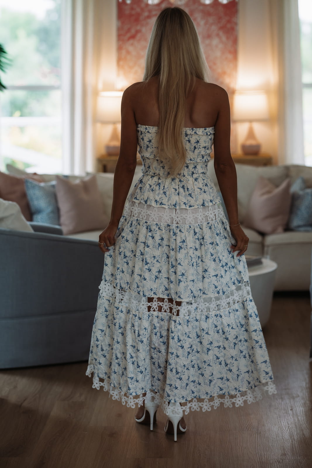 Hazel & Olive SSB/D/11073/H Dawn til Dusk Floral Midi Dress - Cream and Blue