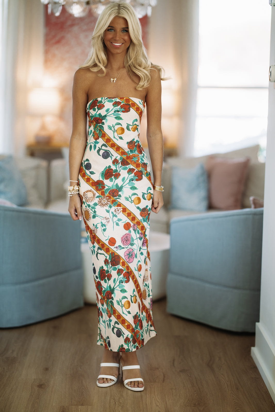 Hazel & Olive ST5278D On The Tuscan Coast Maxi Dress - Light Beige, Red, Orange and Green
