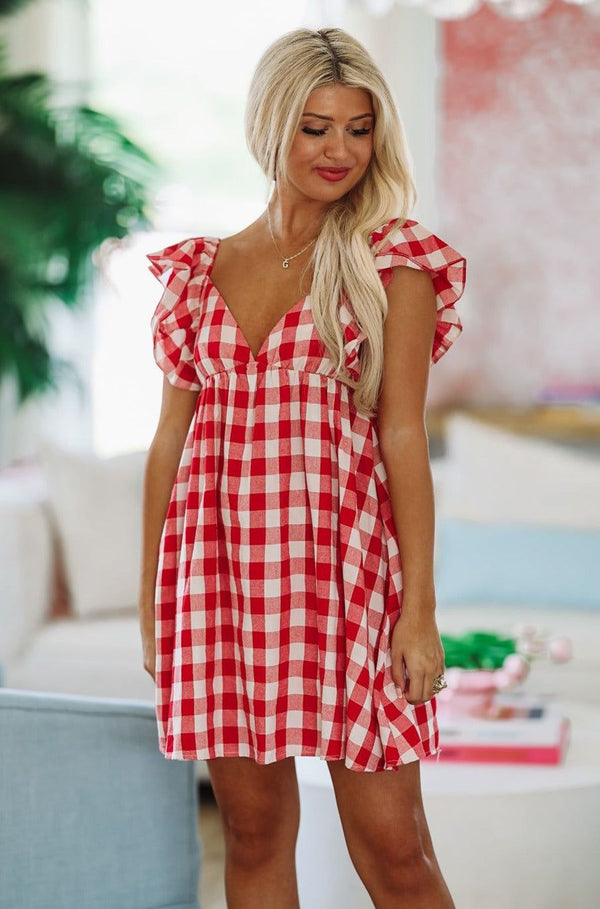 To Be Loved By You Plaid Babydoll Dress - Red and White-HAZEL & OLIVE-Small-