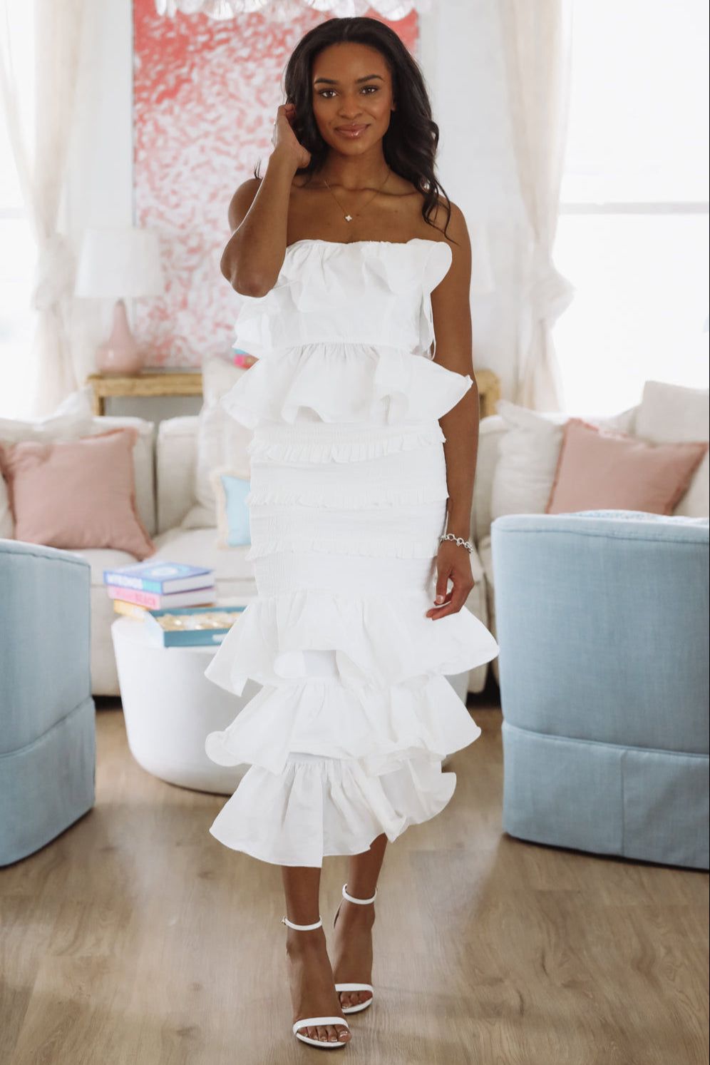 Tranquil Ruffle Top and Maxi Skirt Set - White-HAZEL & OLIVE MST8098-Small-