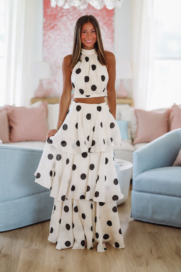 Dots For Days Top and Maxi Skirt Set - Beige and Black-HAZEL & OLIVE TS2711-Small-