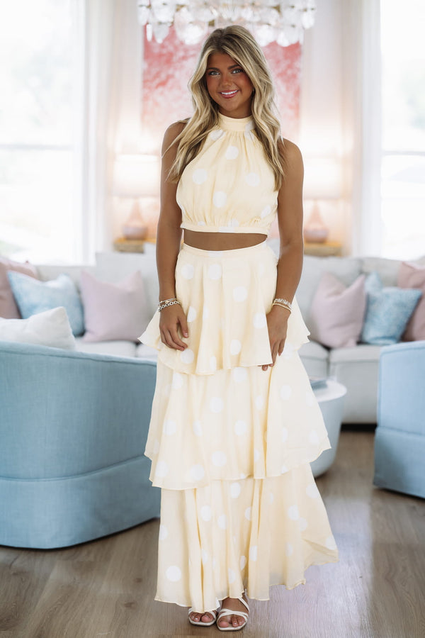 HAZEL & OLIVE TS2711 Dots For Days Top and Maxi Skirt Set - Yellow and White