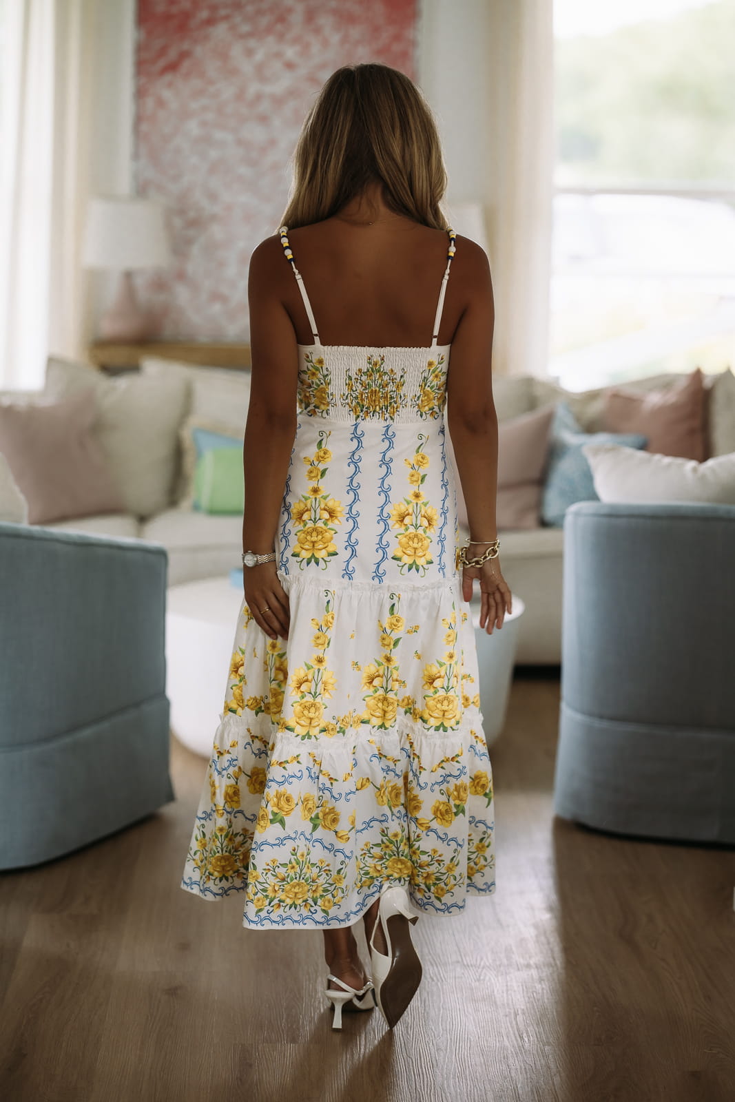 Hazel & Olive VID53403 Roses in Summer Midi Dress - White, Yellow and Blue