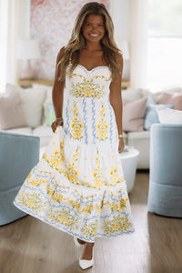 Hazel & Olive VID53403 Roses in Summer Midi Dress - White, Yellow and Blue