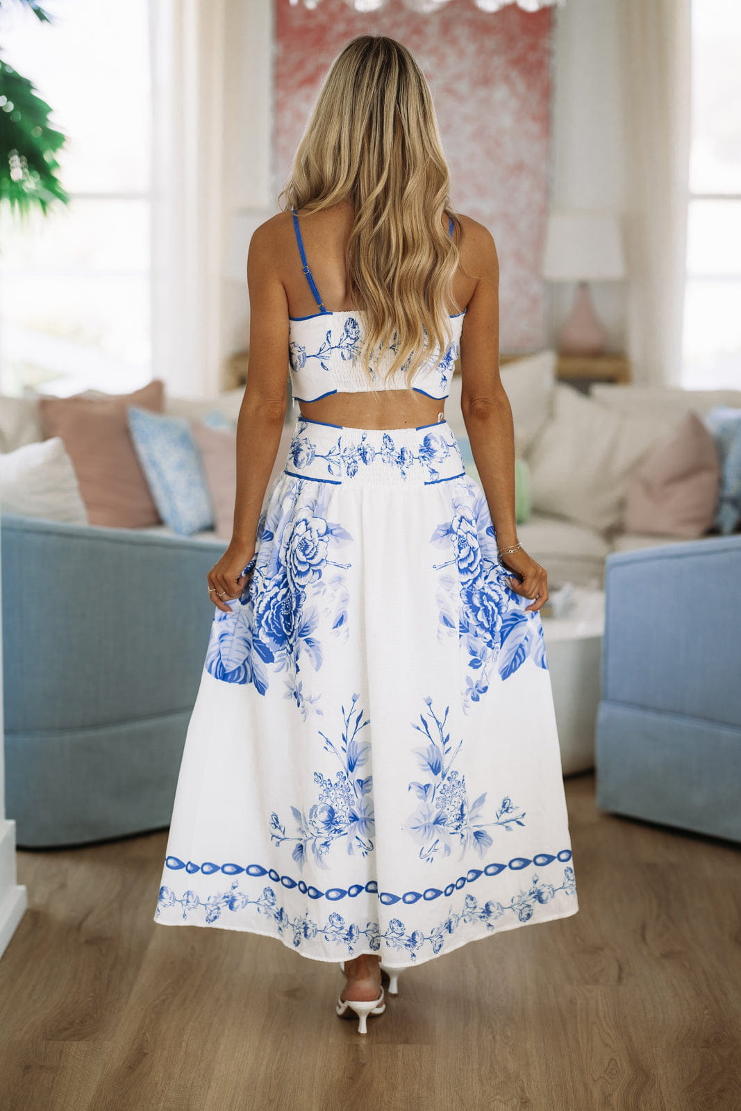 Hazel & Olive VIST53387 Bloom Theory Crop Top and Maxi Skirt - White and Blue