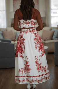 Hazel & Olive VIST53387 Bloom Theory Crop Top and Maxi Skirt - White and Red