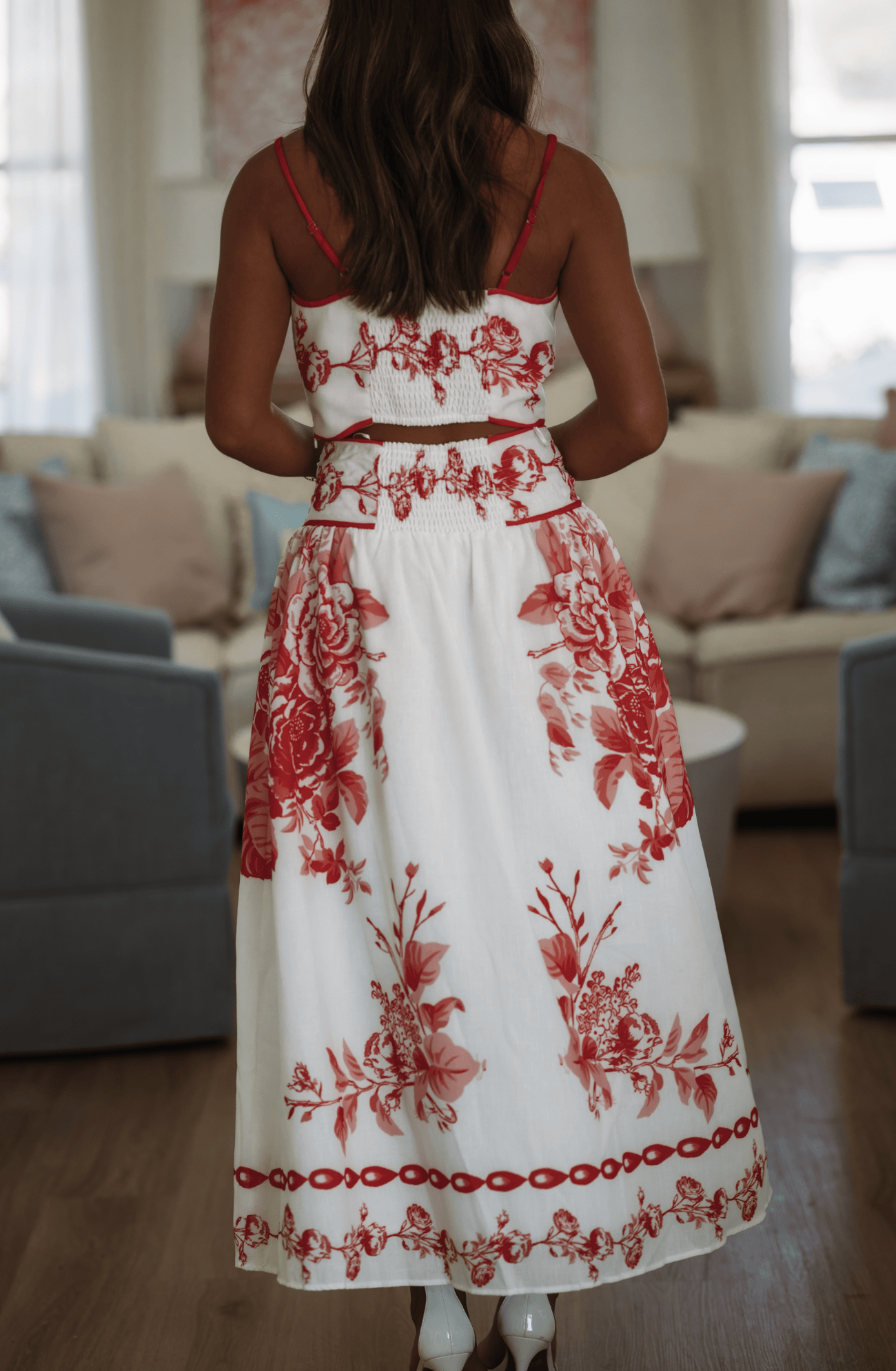 Hazel & Olive VIST53387 Bloom Theory Crop Top and Maxi Skirt - White and Red